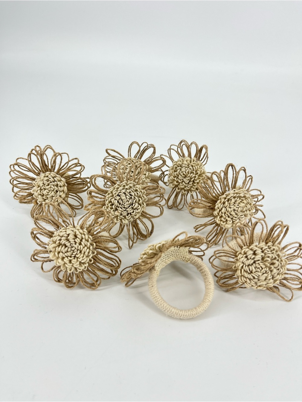 Napkin Rings Burlap Floral Set of 8 Brown Cream Dinning Decor Table Setting